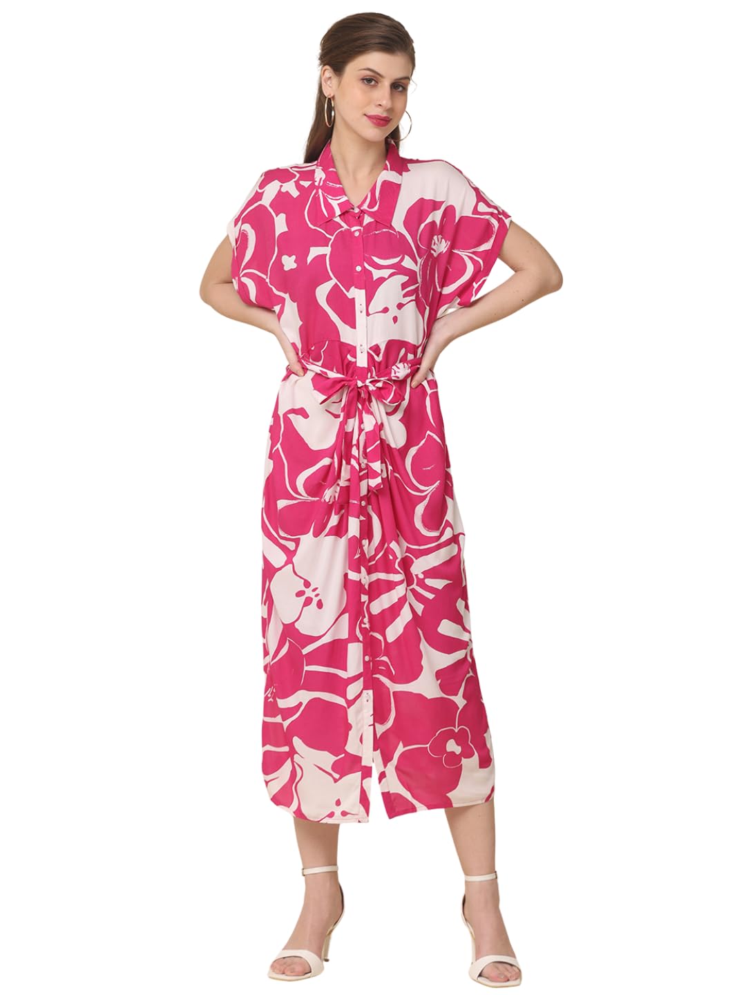 Women's Pink Floral Printed Collared Midi Dress | Front Gathered Dress with Belt & Pockets | Relaxed Shirt Dress for Office, Casual-picture-22