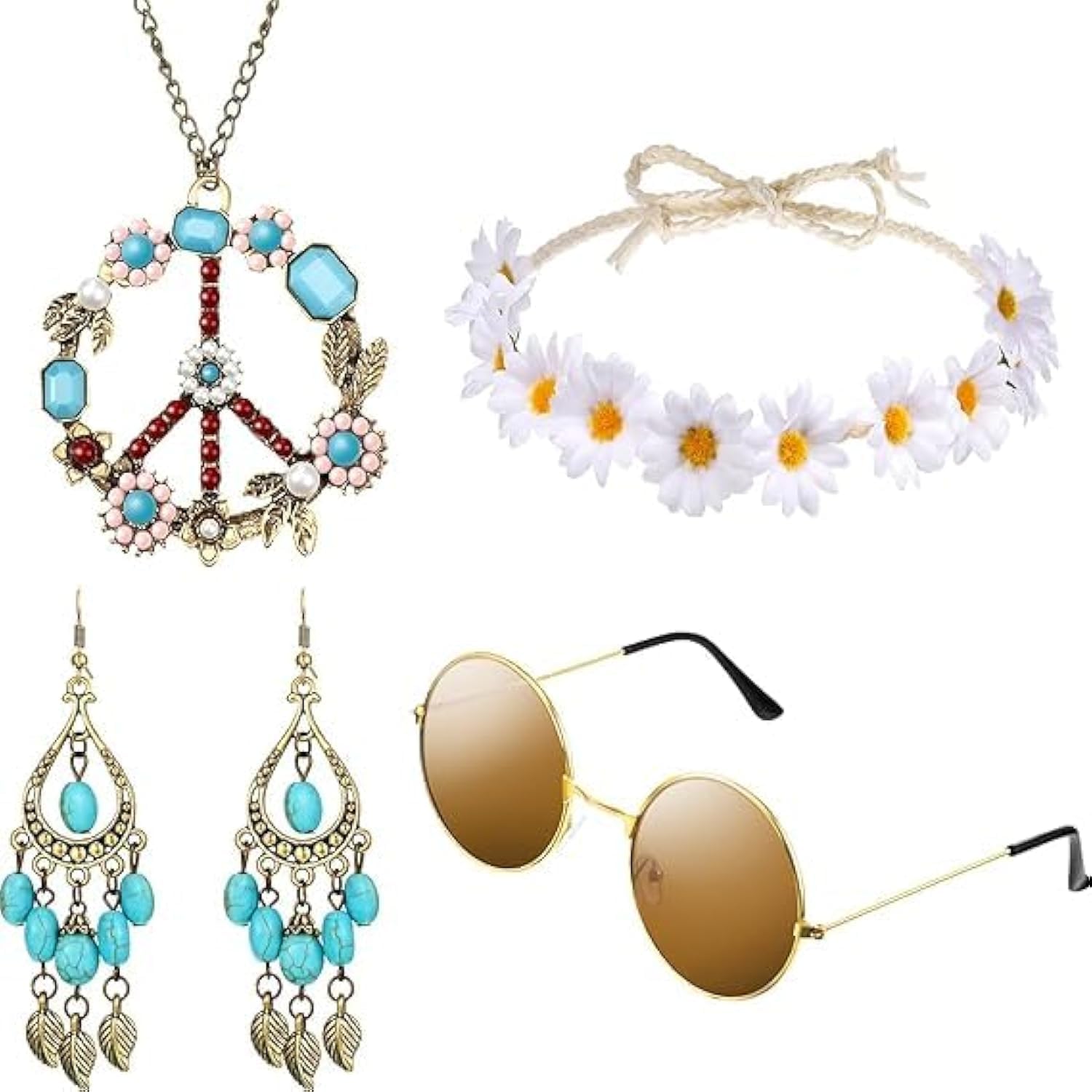KASTWAVE Hippie Costume Set - Sunglasses, Headband, Peace Sign Necklace, and Earring (Turquoise Style) - 60's and 70's Retro Accessories