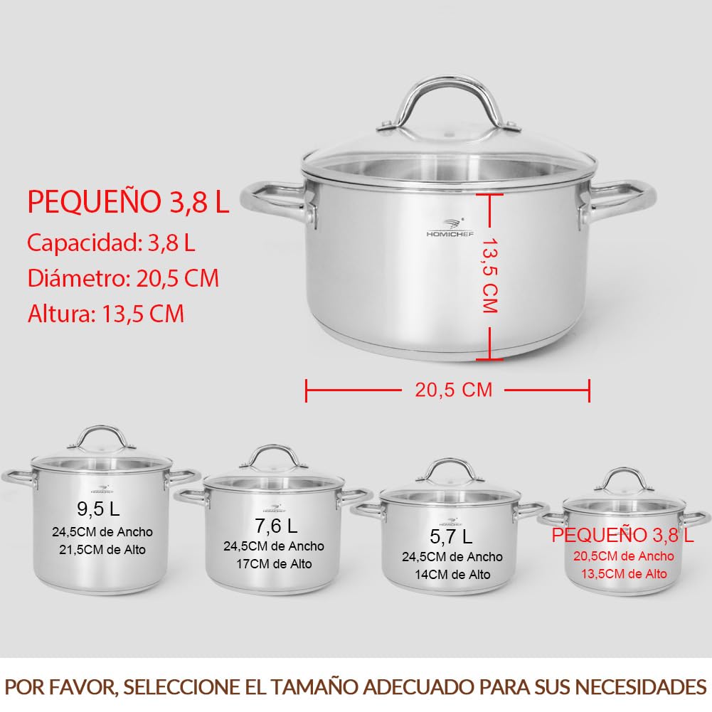 HOMICHEF Olla de 20,5 cm 3,8 litros de acero inoxidable sin níquel - Olla de 3,8 L con tapa y asa - Cacerola Pequeña 3.8 Litros con Tapa para Cocinar