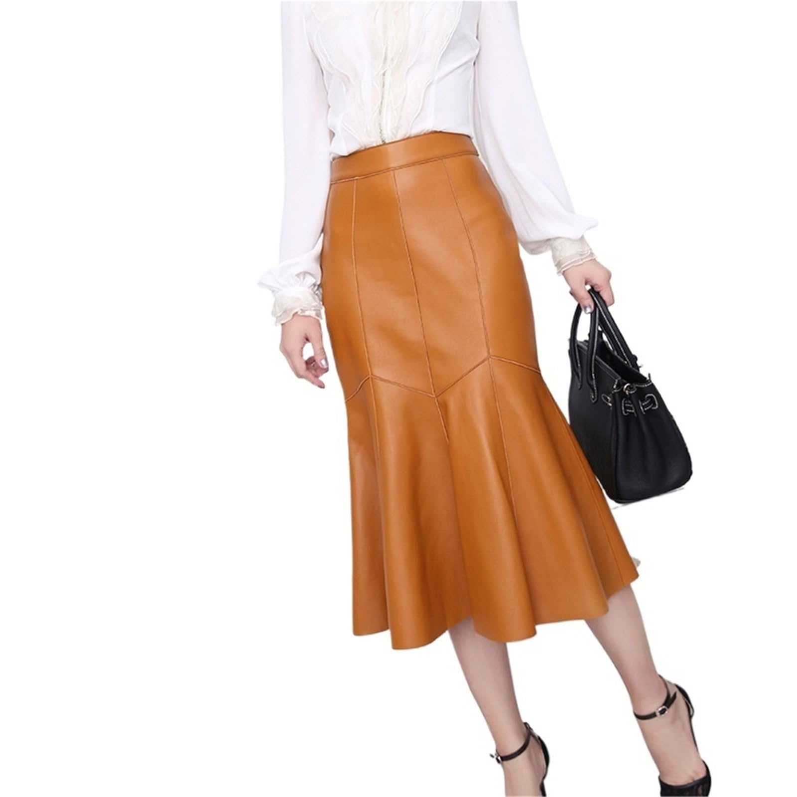 Falda Ajustada con Cola De Pez Falda de Cuero for Mujer, diseño de Cola de pez, Midi, Cintura Alta, señoras, otoño e Invierno