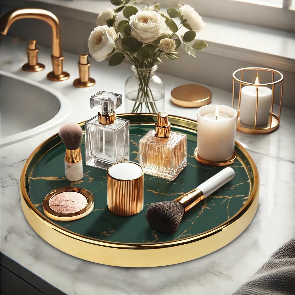 Makeup Perfume Organizer Round Bathroom Vanity Tray Decorative Dresser Tray Countertop Organizer Tray for Cosmetics,Green