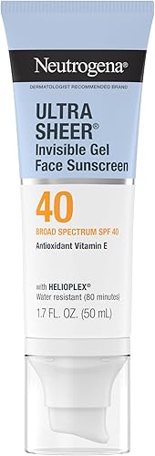 Neutrogena Ultra Sheer Invisible Gel Face Sunscreen SPF 40, Facial Sunscreen & Moisturizer, Vitamin E, Matte Finish, Makeup Primer, Travel Size, 80 Minutes Water-Resistant, 1.7 oz