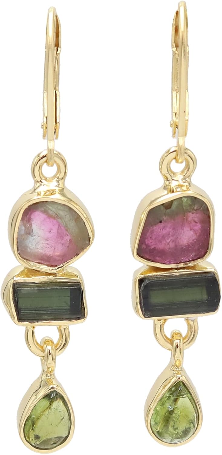 Tourmaline Earrings in 925 Sterling Silver with 18k Gold Plated for Women, Watermelon Tourmaline Leverback Earrings for Her