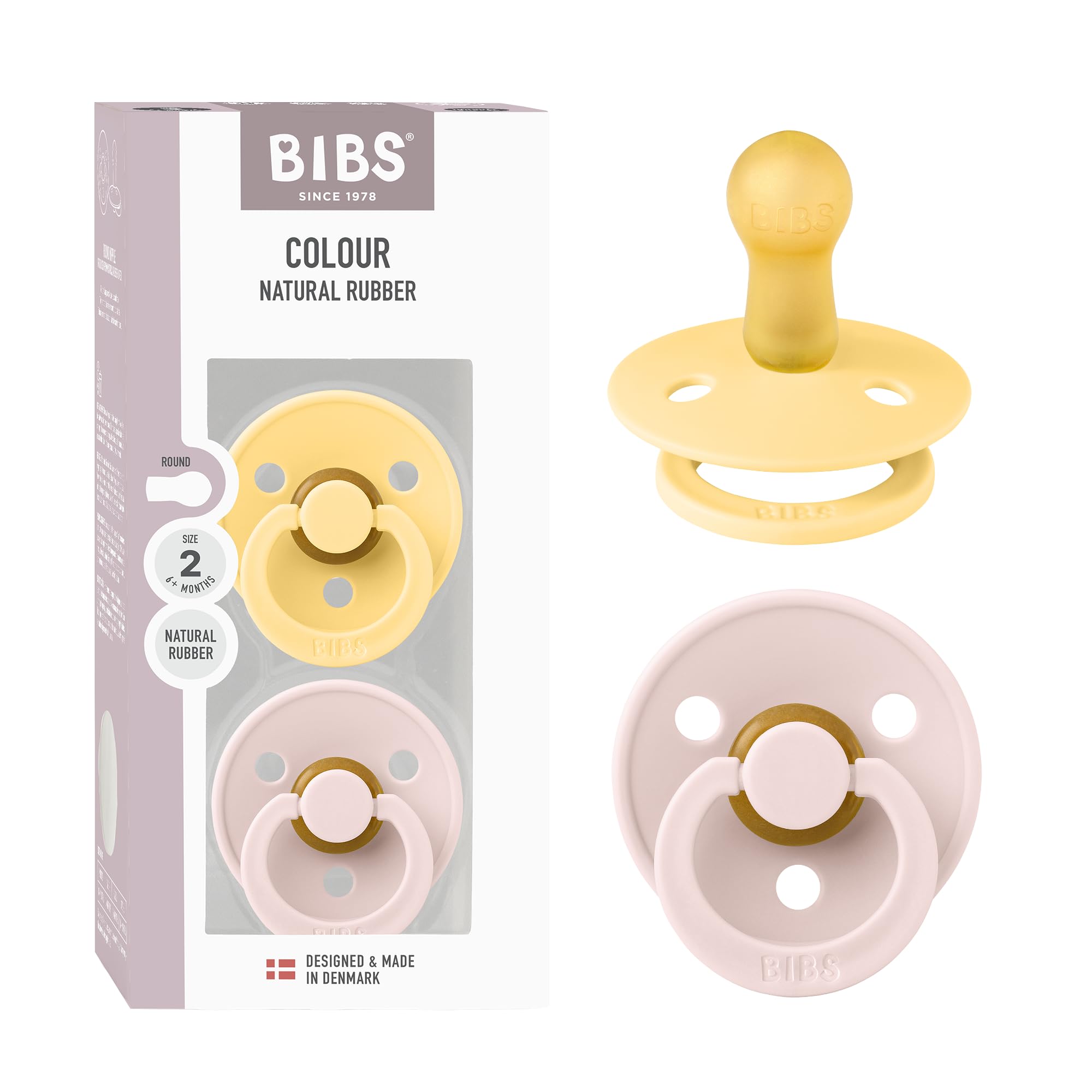 BIBS Colour Pacifier 2-Pack, BPA Free Dummy Binky, Round Natural Rubber Latex, Made in Denmark, Size 2 (6-18 Months), Pale Butter/Petal