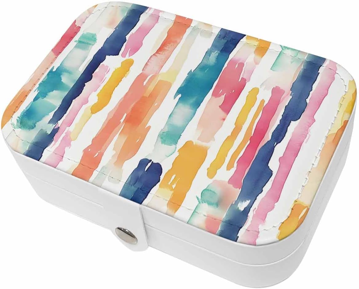 Travel Jewelry Case, Teal Yellow Pink Abstract Art PU Leather Organizer Box Portable Small Storage Decorative Case for Ring Necklace Earring Gift for Girl Women