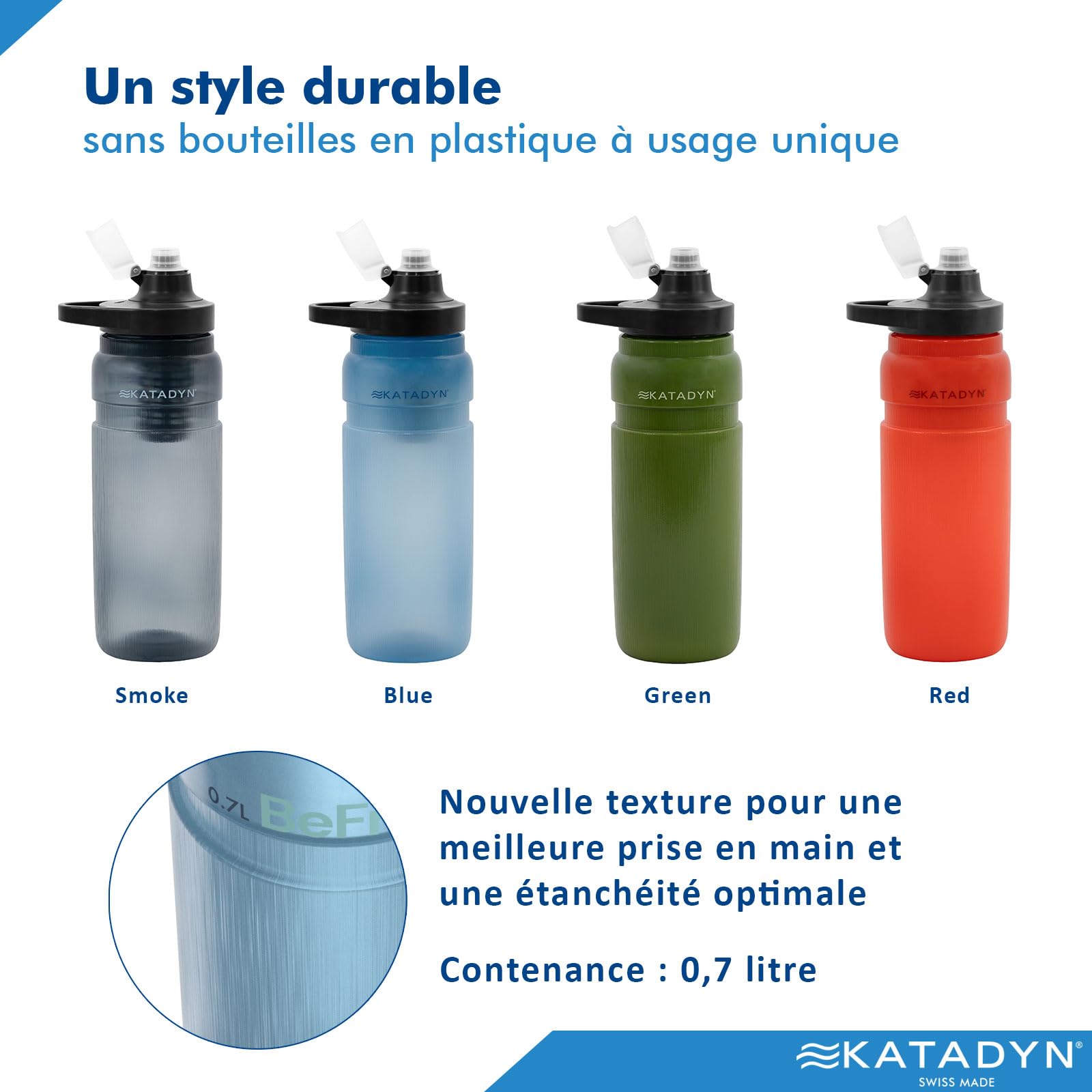 Katadyn BeFree AC Bottle Gourde filtrante à eau ultra légère pour l'extérieur, fibre creuse charbon actif, camping randonnée trekking voyage, filtration portable sans BPA (bleu)