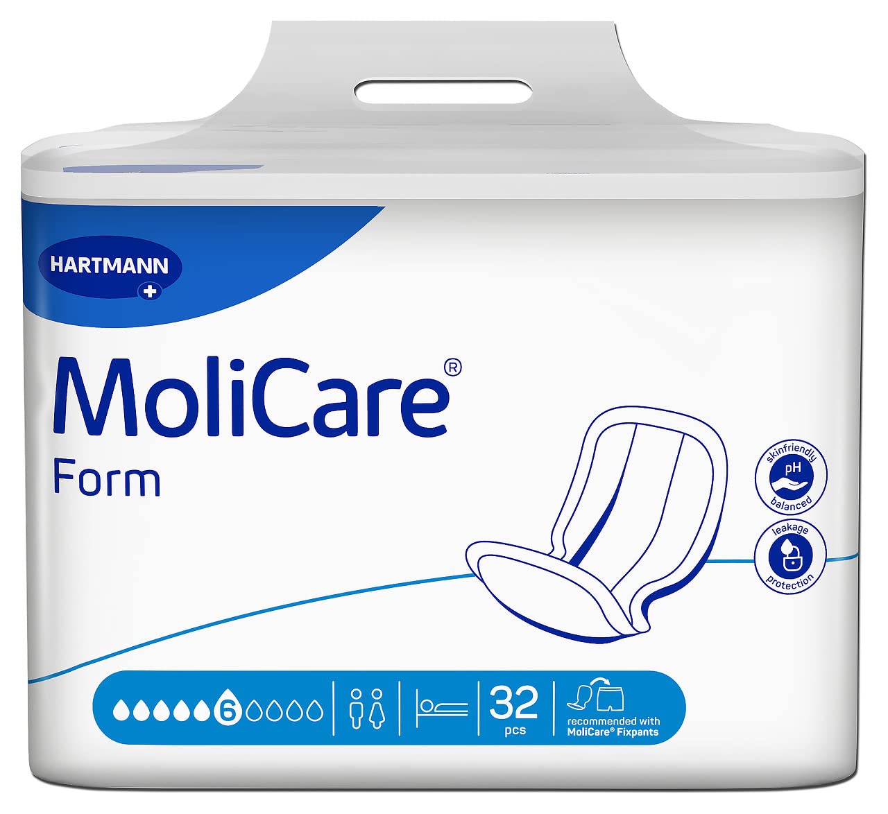Molicare Forma 6 kropli, do średniego nietrzymania moczu: wysokie bezpieczeństwo, dodatkowa ochrona przed wyciekiem i dyskrecja dla kobiet i mężczyzn, 4 x 32 sztuki