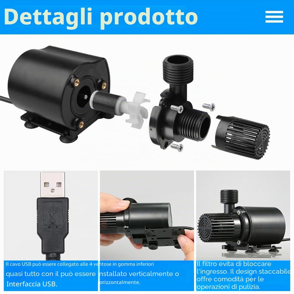 Pompa per acquario, 500 l/h, USB da 4 W, senza spazzole, pompa sommergibile, mini pompa dell'acqua, pompa subacquea, DC 5 V, per acquario, stagno, fontana per animali domestici, fontana, idroponica,