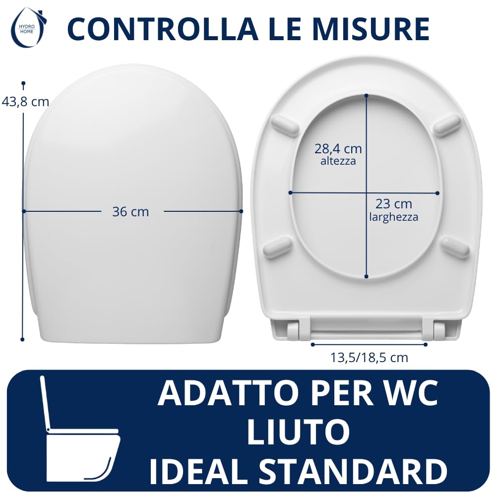 HYDRO HOME Copriwater compatibile con serie Liuto Ideal Standard Chiusura Ammortizzata, Plastica Termoindurente Cerniere Regolabili fissaggio dal basso Bianco