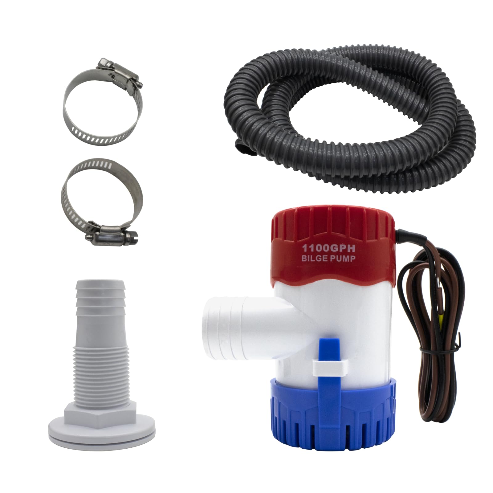 AIRTAK 1-1/8 Inch 1100GPH Electric Bilge Pump Kit - 12V Submersible Boat Bilge Water Pump with Thru-Hull Fitting & 2 Stainless Steel Clamps - Compatible with Yachts, Pools, and Marine Applications