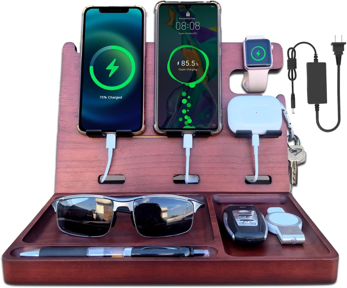 USB Charging Station for Multiple Devices Wood Phone Docking Station with QC3.0 & PD 22.5W Type c Charger Fast Charging for iPhone Samsung Google Andriod Smart Watch Earbuds Gifts for Men