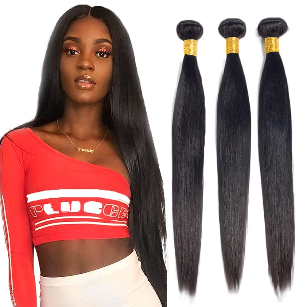 Straight Bundles Human Hair 26 28 30 Inch #1B Natural Black Straight Bundle Human Hair Extensions Unprocessed Virgin Remy Hair 3 Bundle 50 Gram Per Bundle For Black Women