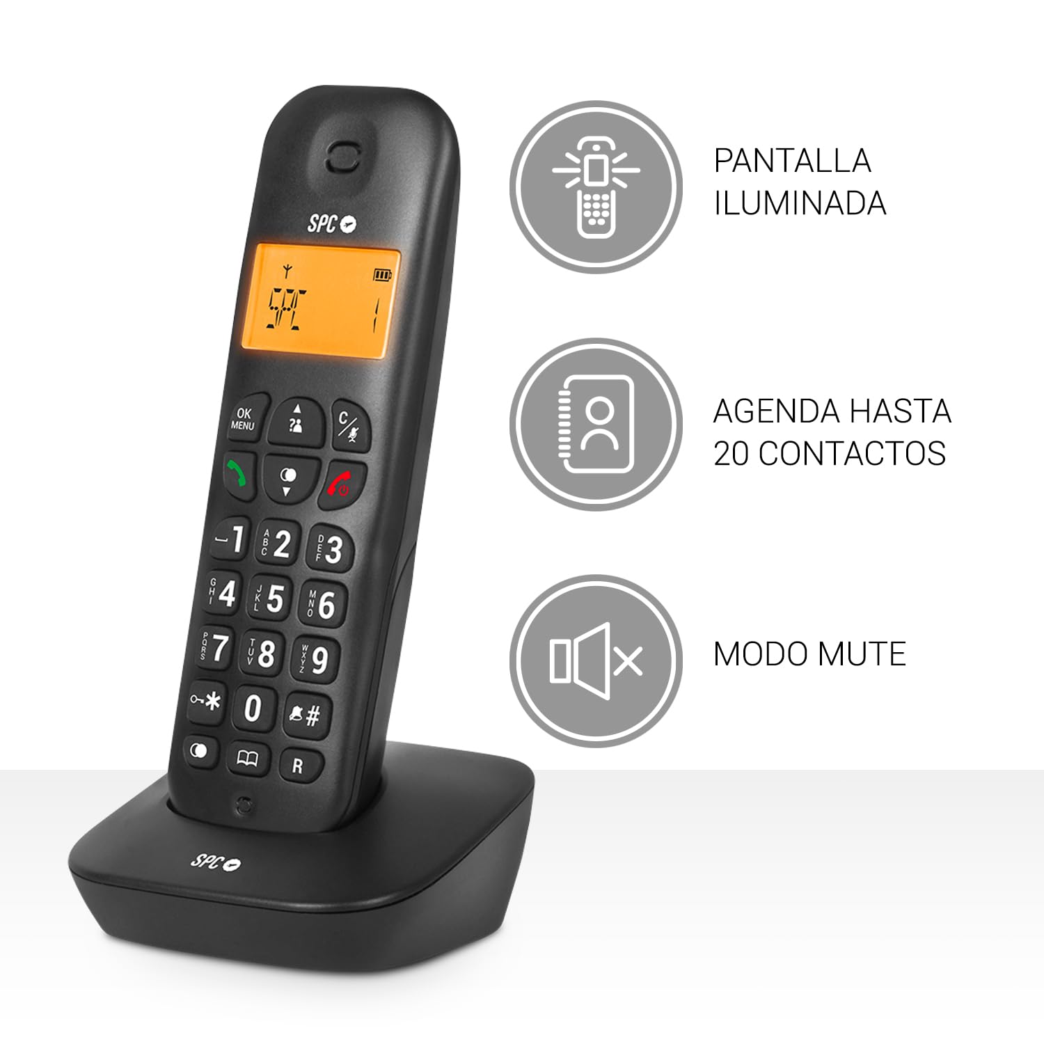 SPC Air – Teléfono Fijo inalámbrico con Pantalla iluminada, identificador de Llamadas, Agenda 20 contactos, Modo Mute, 5 melodías Disponibles, compatibilidad Gap y Modo Eco - Negro - 3