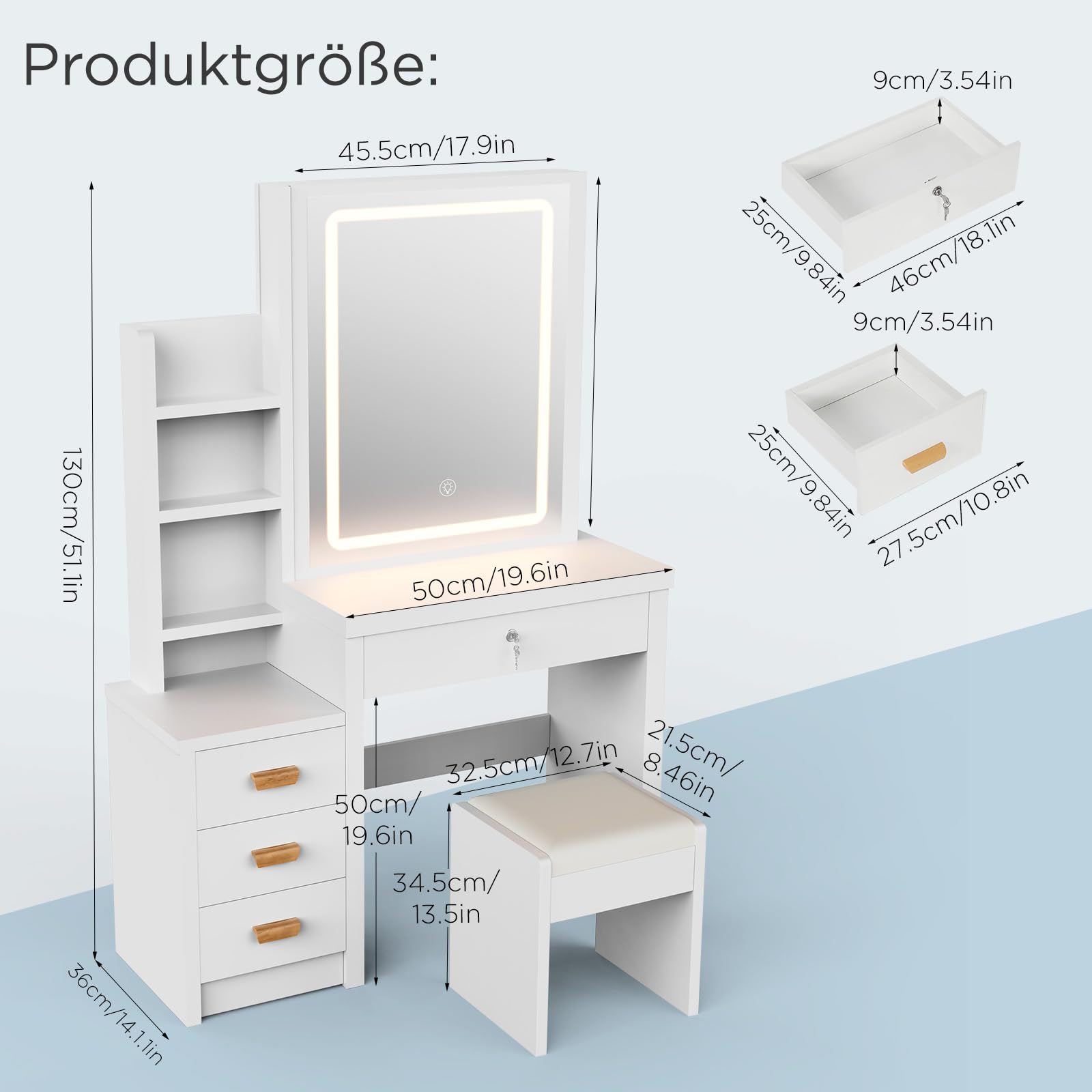 BPMIO Schminktisch Weiß, Kosmetiktisch mit Spiegel & Hocker, Frisierkommode mit LED-Beleuchtung Set, Frisiertisch mit 4 Schubladen, Schlafzimmermöbel Vanity Set, 135 * 80 * 36cm