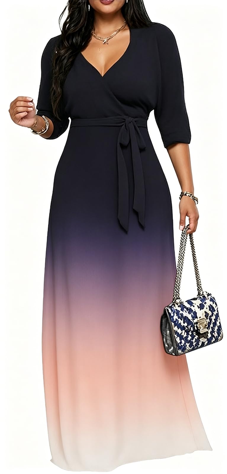 Women's Church Maxi Wrap V Neck 3/4 Sleeve Tie Waist Plus Size Long Dress