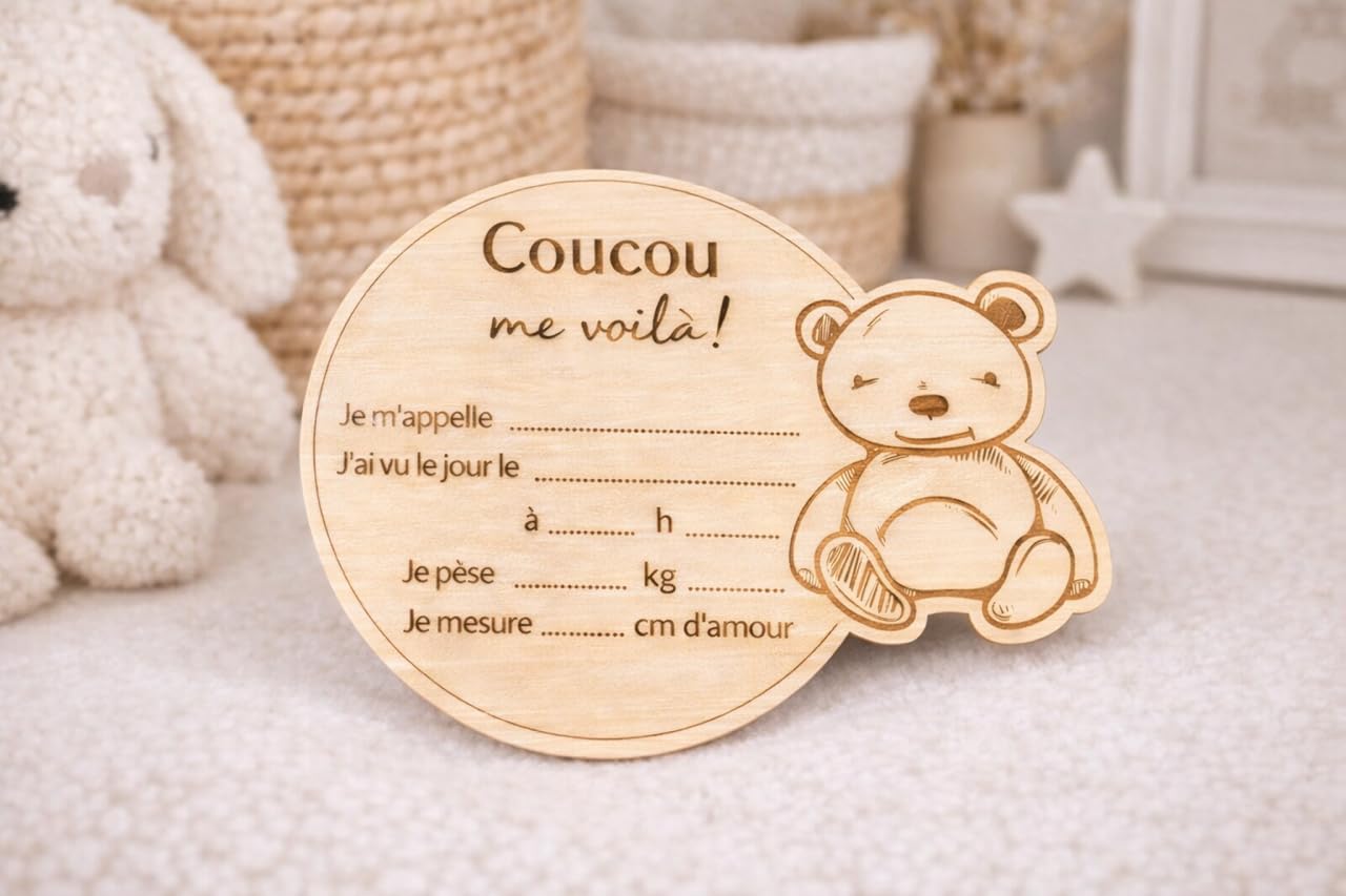 Carte bienvenue annonce naissance et prénom bébé en bois en francais - Disque prénom bébé, date, heure, poids et taille - Accessoire pancarte photo nouveau-né, souvenir maternité