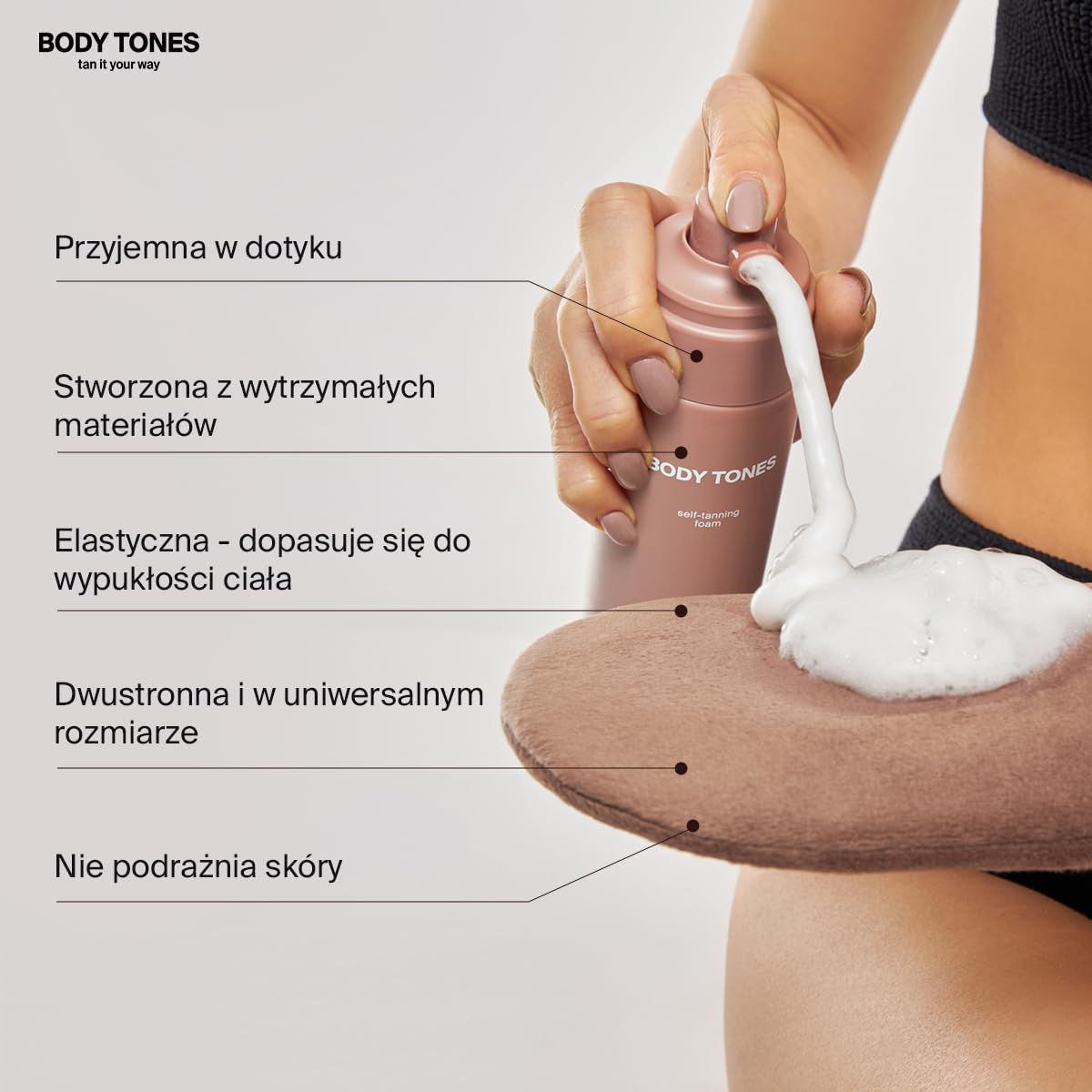 Body Tones Pianka Samoopalająca, Samoopalacz dla Ciemnej Skóry Nawilżająca i Przeciwstarzeniowa, Samoopalająca Pianka Naturalne Opalanie bez Ekspozycji na Słońce (155 ml + Rękawica, Ciemna cera)