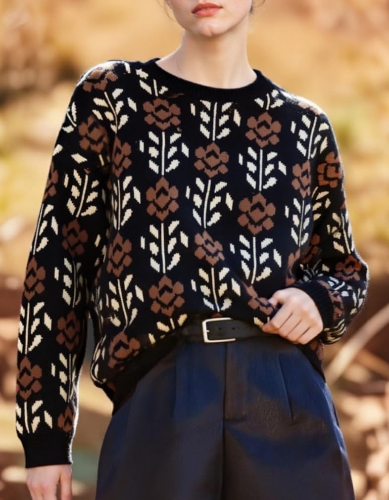 Apvirdy Women Oversized Chunky Knit Sweaters Crewneck Floral Crop Sweater Long Sleeve Pullover Tops Cozy Winter Outfits - Image 3