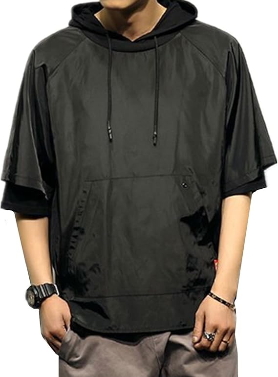 Amazon メンズ ｔシャツ パーカー 五分袖 レイヤード 原宿スタイル 重ね着 サマー 日系 夏 個性 ゆったり かっこいい カジュアルパーカー Seranier Tシャツ カットソー 通販