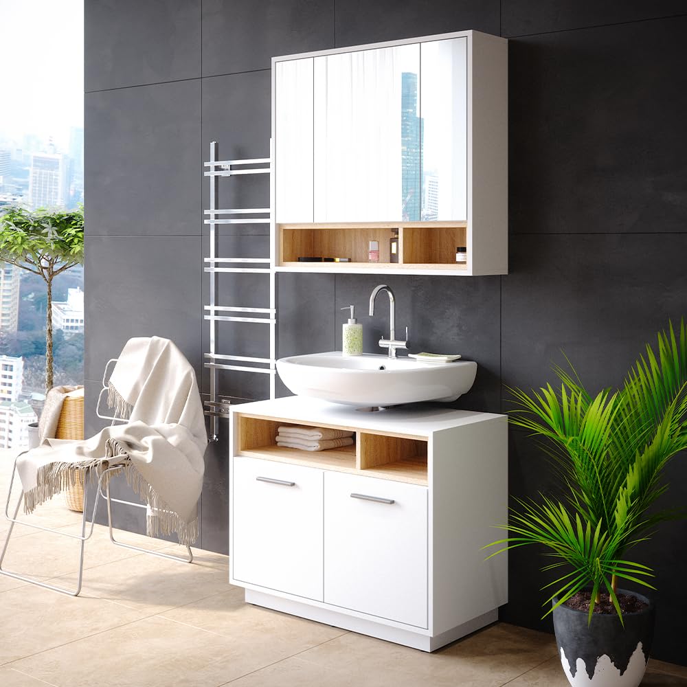 Vicco Set mobili bagno Beatrice, Bianco, 80 cm, composto da specchio da bagno e mobile sottolavabo