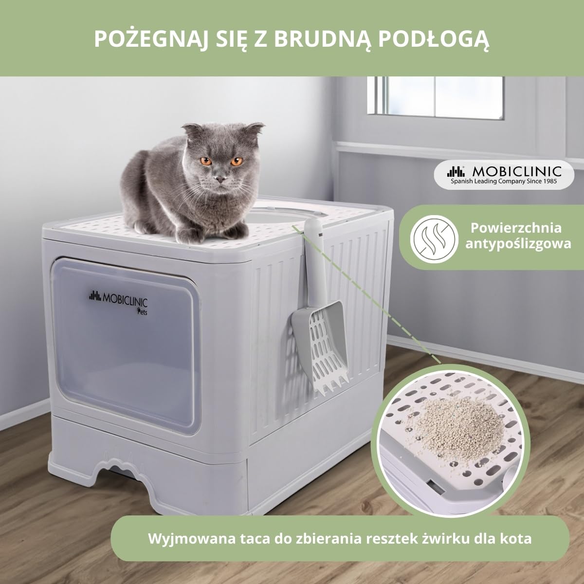 Mobiclinic® pets, Kuweta dla kota z daszkiem, Wysuwana taca, W zestawie łopatka, Catbox, Podwójne wejście przodu i górne pokrywką, Górna kratka, Demontowalna konstrukcja
