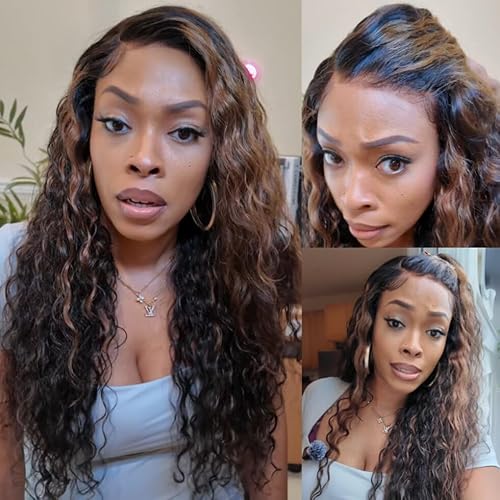 Beauty Forever Golden Brown Highlight Water Wave 7x5 Bye Bye Knots Lace Closure Glueless Wigs Human Hair Pre Plucked Pre Cut Ready to Go Lace Front Wig Bleached Knots for Beginner 150% Density 18inch
