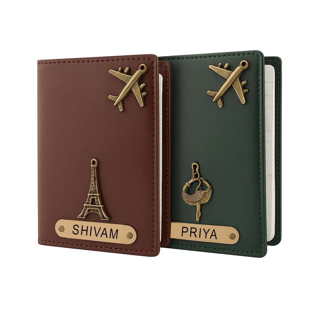 Customized Passport Cover Combo – Vegan Leather Travel Wallets with Name & Charm | Personalized Gift for Couples, Anniversary & Travel Lovers P010 (Set of 2)