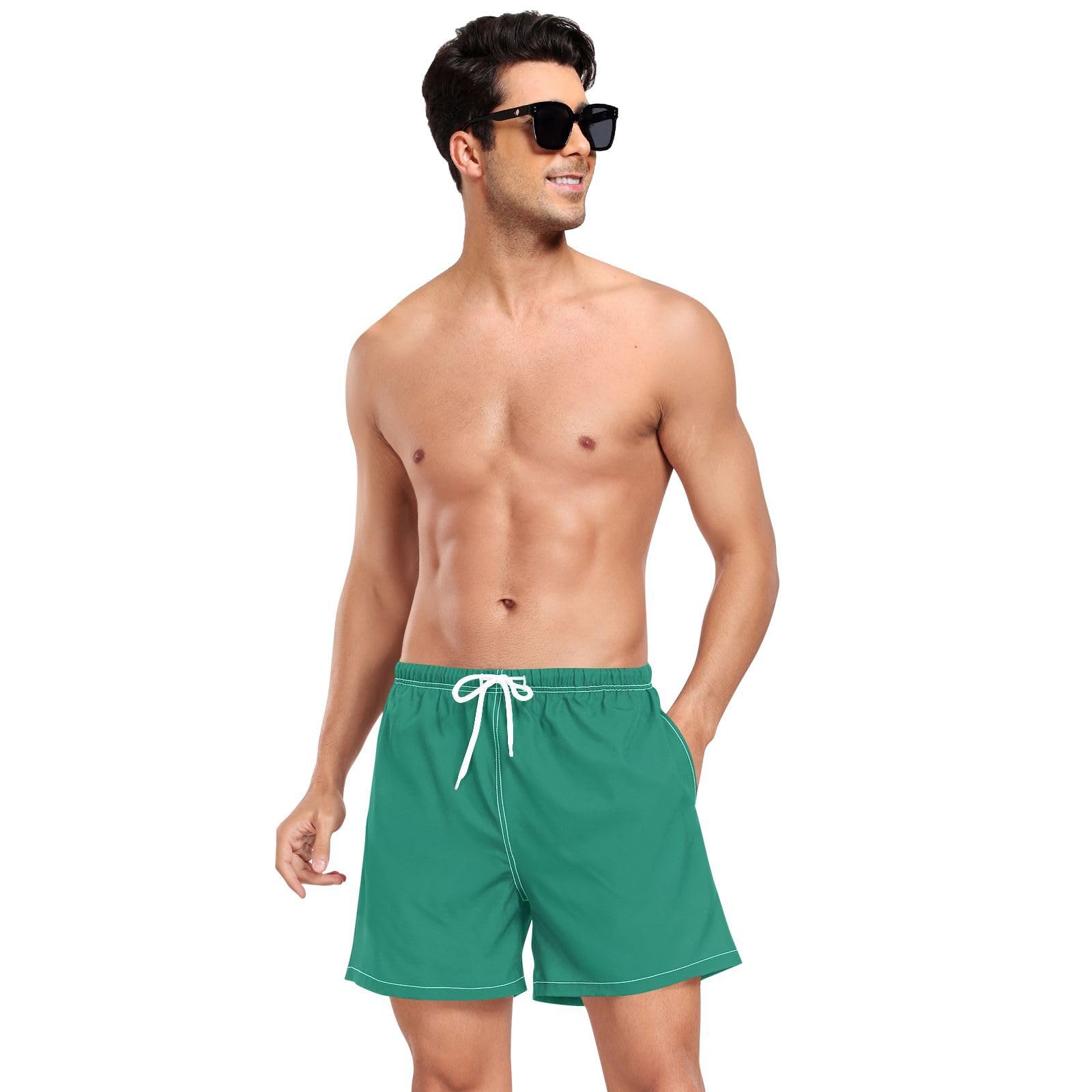 Olive Green Solid Color Pure Teal PlainMens Swim Shorts Mens Double Layer Running Shorts with Pockets and Compression Liner Beachwear Lightweight