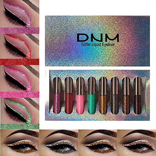 DNM Liquid Glitter Eyeliner Set,8 Colors Glitter Silver Liquid Eyeliner Long Lasting Waterproof, Shimmer Sparkling Pink Red Metallic Colorful Eyeliner Kit, High Pigmented Brighten Eye Liner(Set 02)