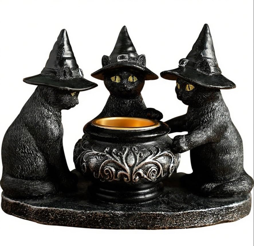 Hitchuey Bougeoir d'Halloween avec motif de sorcière et de chat - Bougeoir gothique foncé en résine - Bougeoir d'aromathérapie pour la décoration de la maison...