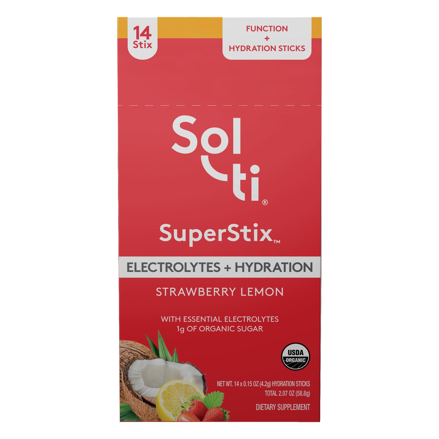Sol-tiOrganic Electrolytes + Hydration Drink Mix, Superfood Hydration Sticks, SuperStix, Non-GMO, Vegan, Strawberry Lemon, 14 Single-Serving Sticks