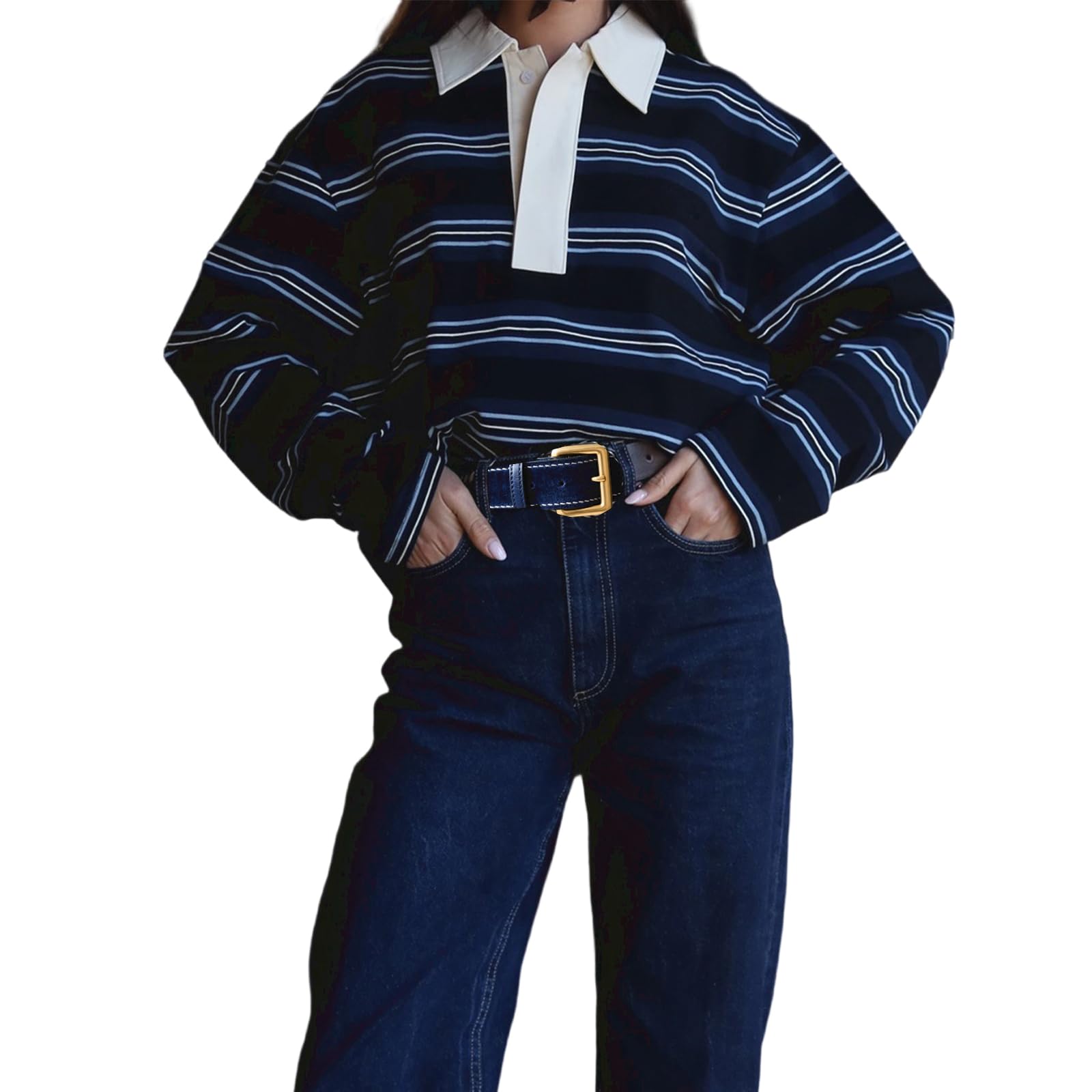 Women Striped Polo Shirts Long Sleeve Collared V Neck Rugby Shirt Oversized Color Block Pullover Sweatshirt Top-image-48