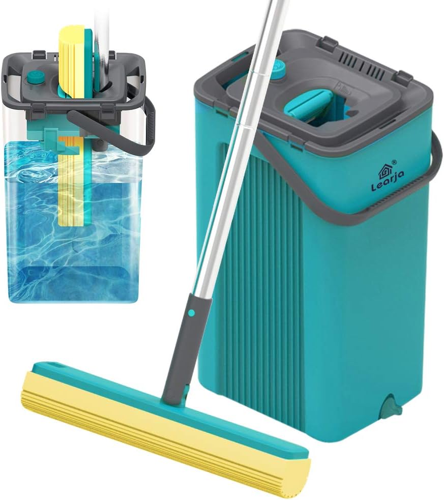 LEARJA Sponge Mop Home Commercial Use Tile Floor Bathroom Garage Cleaning with Sponge Heads Squeegee and Extendable Telescopic Long Handle Easily Dry Wringing(Green Bucket & Yellow Head)