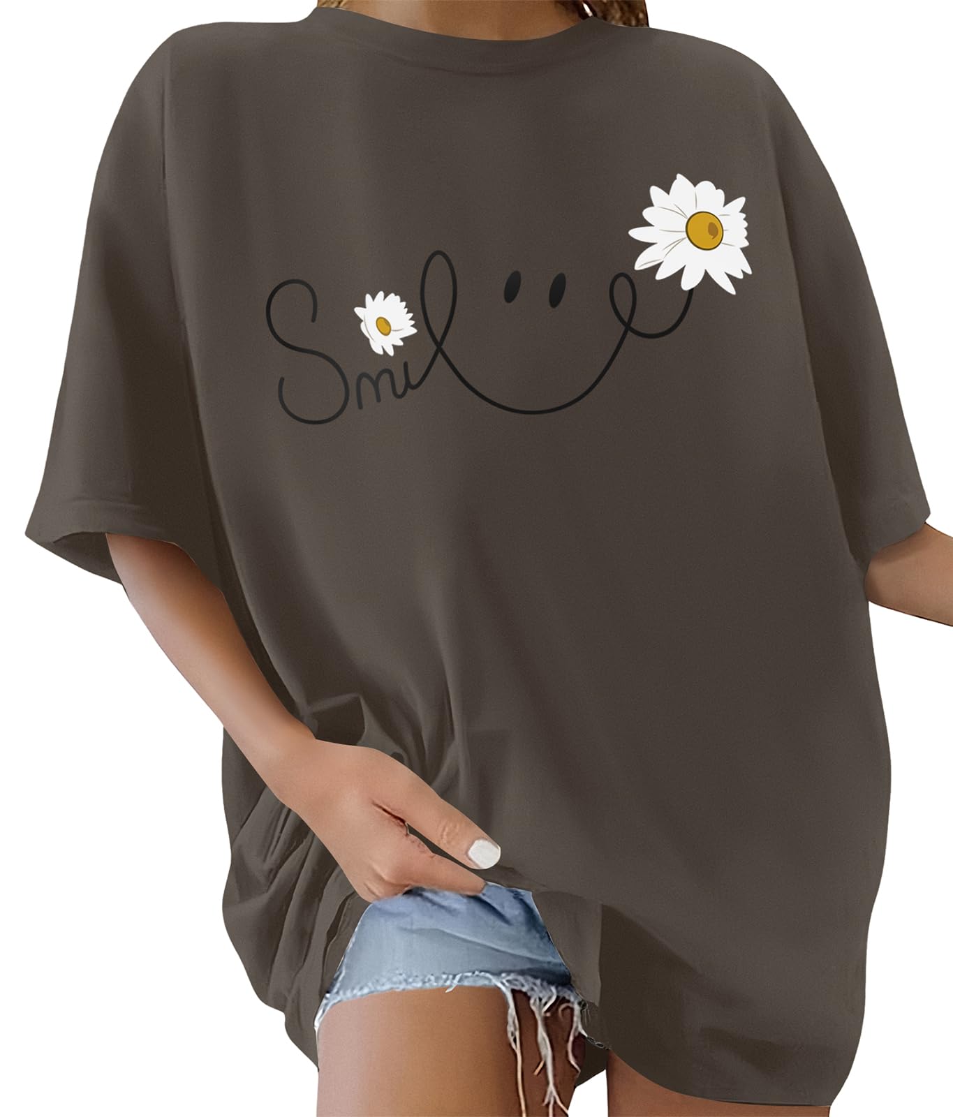heekpek T Shirt Damen Oversize Sommer Baumwolle Tshirt Rundhals Locker Lächeln Drucke Kurzarm T-Shirt Übergroße Casual Basic Top