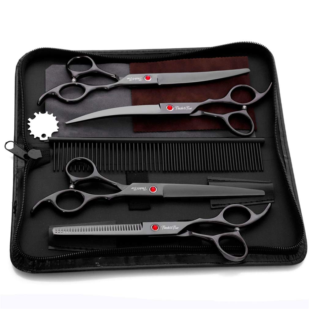 Kit forbici per toelettatura animali domestici da 7,0 pollici, forbici professionali per toelettatura cani da compagnia 5 pezzi, strumenti per taglio di capelli in acciaio inossidabile, per salone, ba
