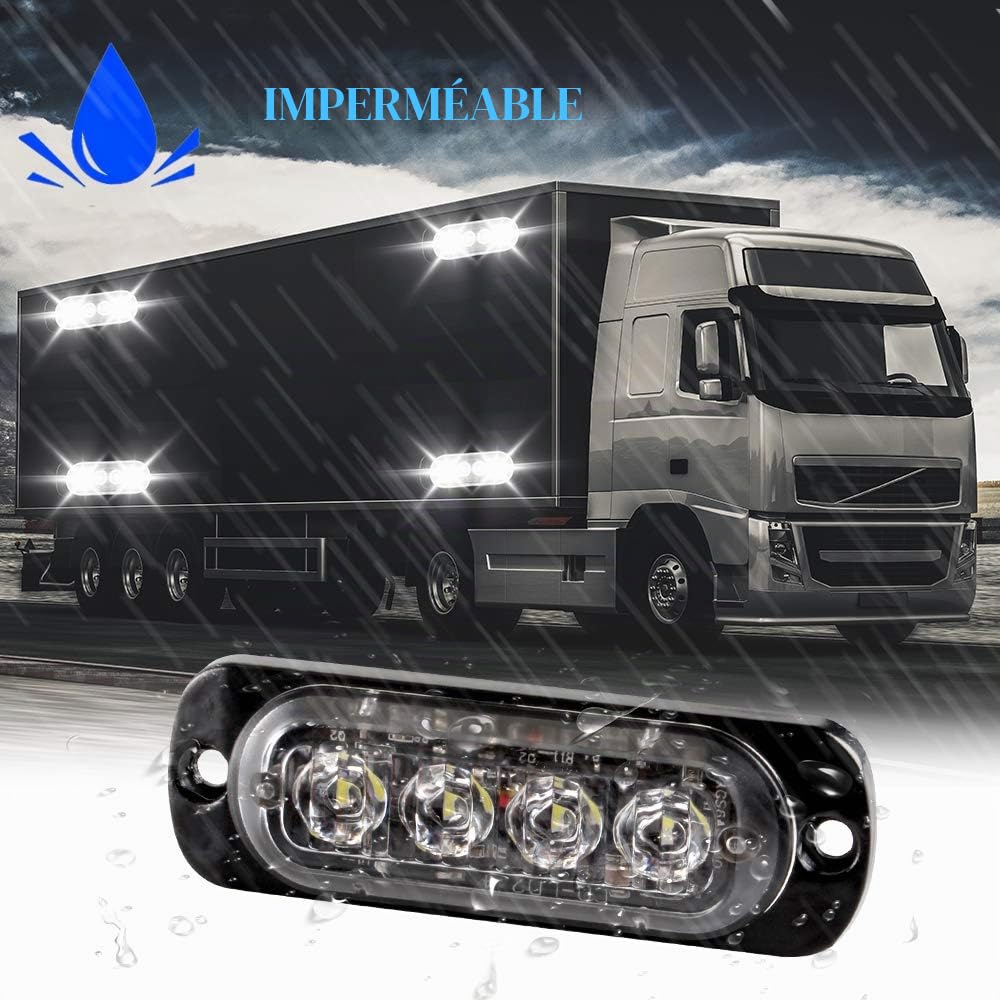 4pcs 12-24V Ultra Mince Voyant Barre D'alarme Stroboscopique d'urgence Lampe- 4 LEDS Bande lumineuse D'avertissement de Flash Camion Moto Voiture - Blanc