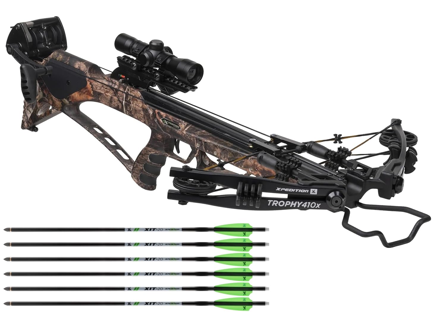 Xpedition Archery Trophy 410X Crossbow with Crank Cocking Device, Compound Crossbow Package, Illuminated 4X32 Scope, 6 20