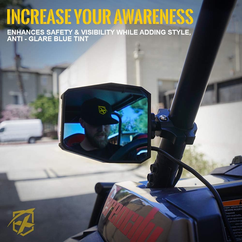 Big Sale Xprite Aluminium UTV Side Rear View Mirrors Fit All 1.6-2 Inch Roll Bar Cage, Blue Anti-Glare Mirrors and Smoke Lens LED Spot Light for UTV ATV Can am Maverick X3 Polaris RZR XP 1000 Yamaha