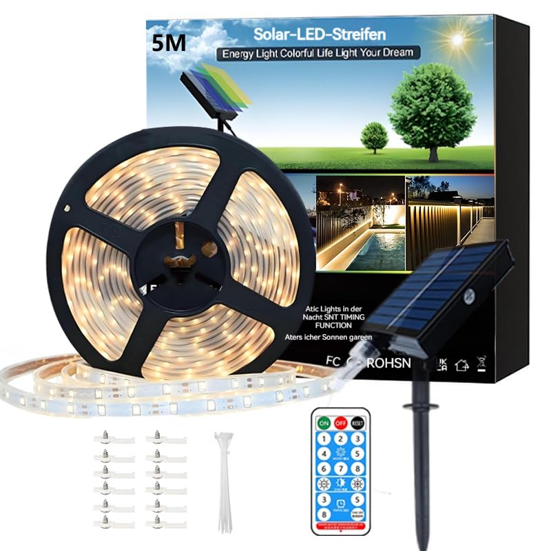 Meewata Solar Strip Lights Outdoor Wasserdicht, 5M 300 LEDs Dimmbar Gartenleuchten mit Fernbedienung & 8 Modi Schneidbar LED Lichtstreifen für Terrasse, Balkon, Terrassendielen Dekor Warmweiß