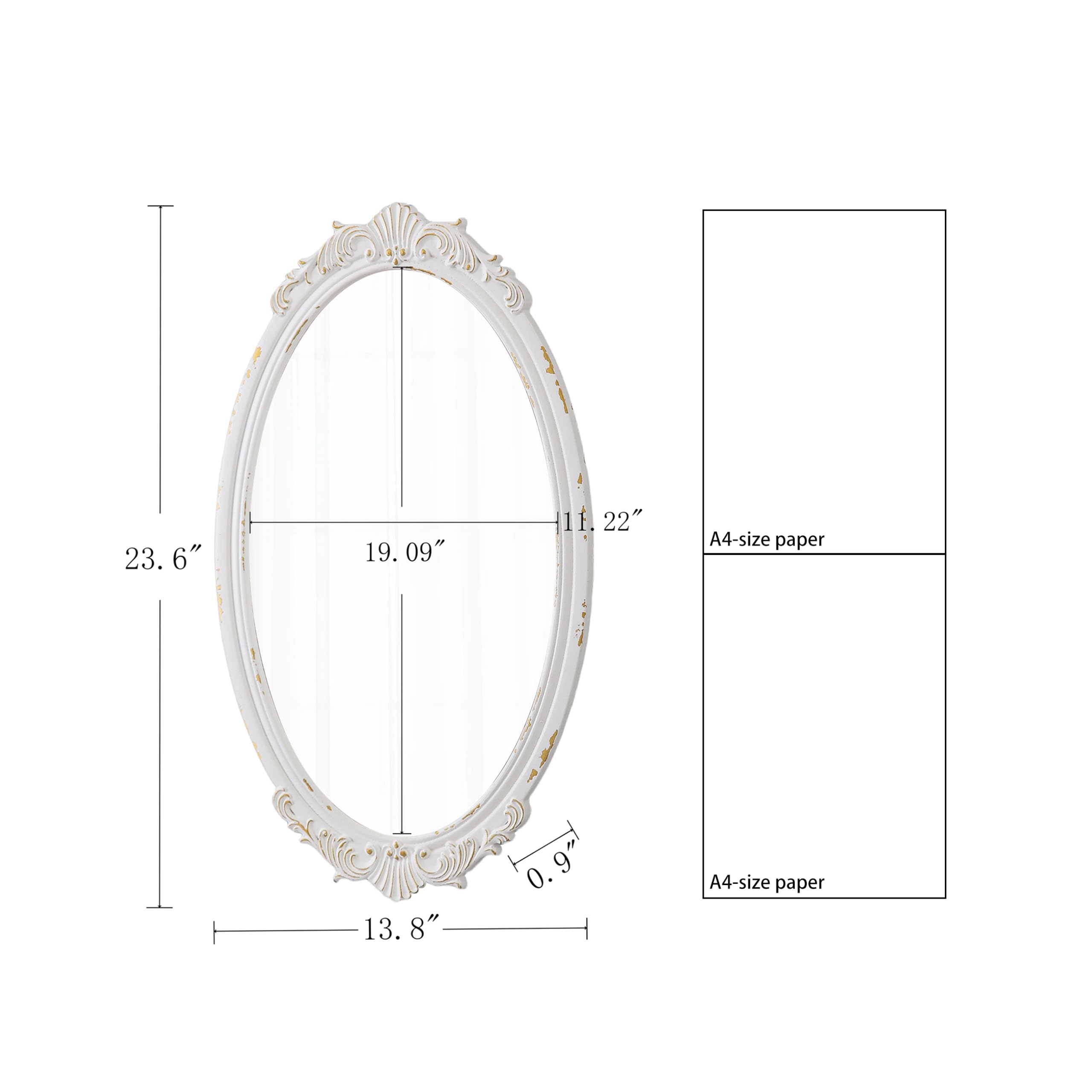 Vintage Spiegel Oval Weiß 60 x 35 cm, Barock Antiker Dekorative Wandspiegel mit Holzrahmen, Spiegel Wand für Wohnzimmer, Schlafzimmer, Badezimmer, Flur, Horizontal oder Vertikal