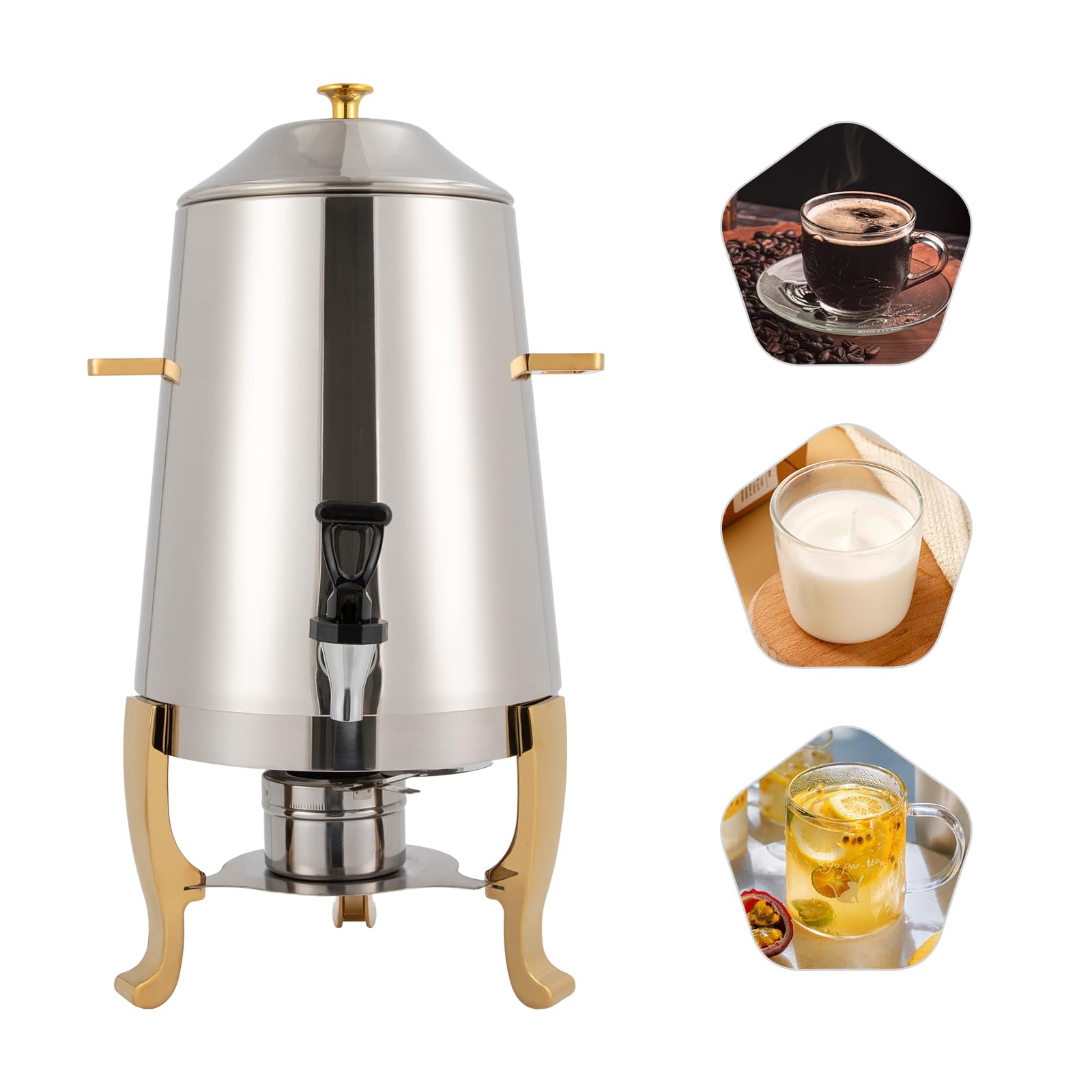 Stainless Steel Hot Beverage Dispenser - 13L Capacity, Electric Coffee Urn with Fuel Holder, Perfect for Events, Buffets, and Catering with Continuous Heating and Convenient Spigot System (Gold)