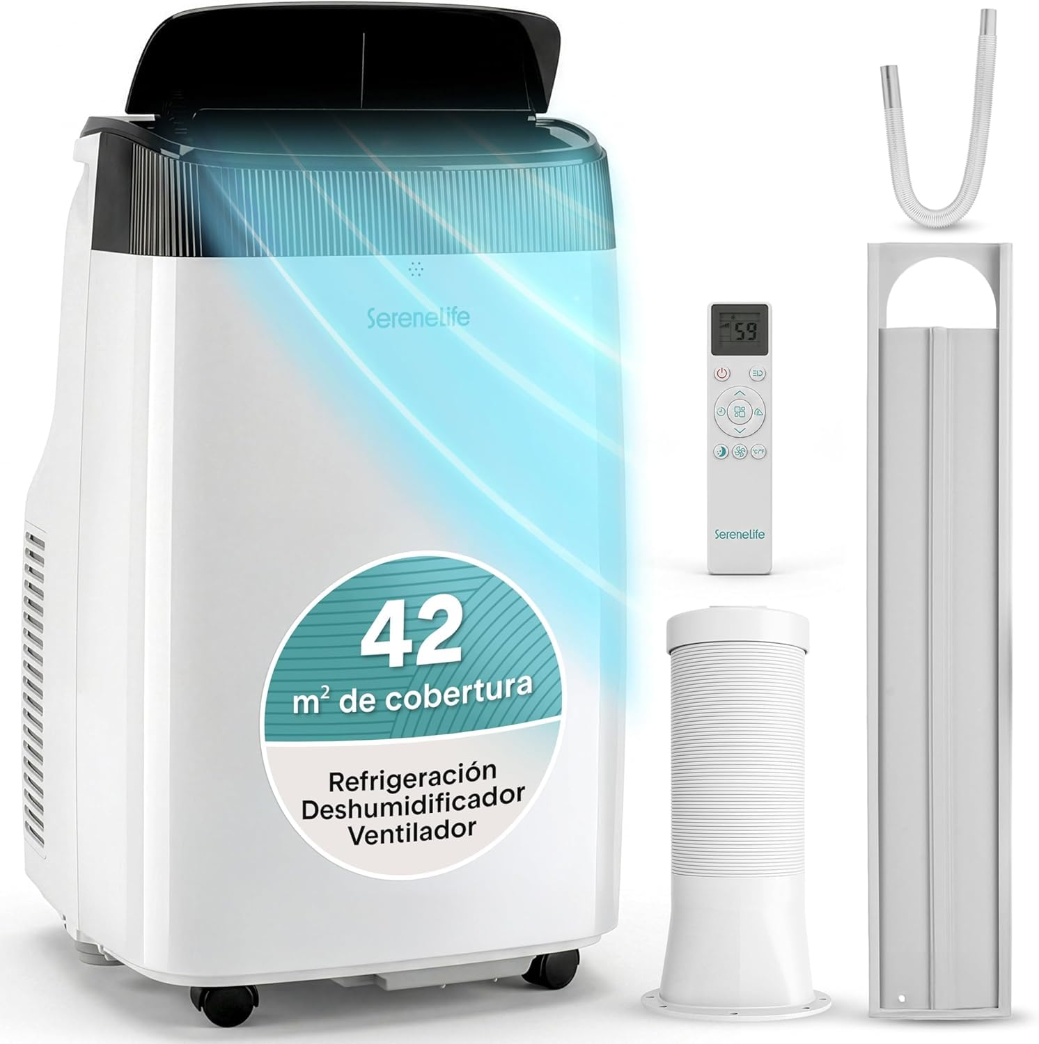 SereneLife Climatiseur portable 9000 BTU WiFi, 3 en 1 : refroidissement, ventilateur, déshumidificateur, minuterie 24h, couverture de 41,8 m², kit de fenêtre et télécommande