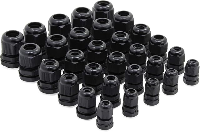 HSEAMALL 3.5-15mm Cable Gland, PG7,PG9,PG11,PG13.5,PG16,PG19 Waterproof Plastic Cable Connectors, 30-Pack
