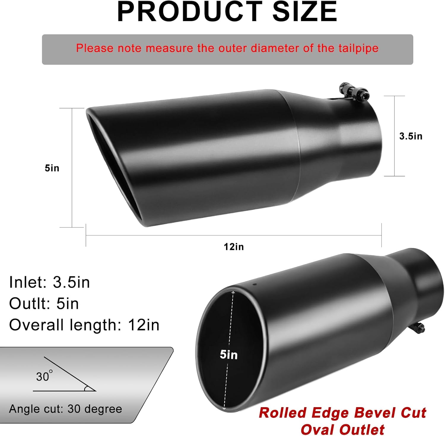 3.5 inch Exhaust Tip, 3.5" Inlet 3.5" Outlet 12" Overall Length Stainless Steel Exhaust Tail Pipe, Black Coated Finish Muffler Tip, Bolt On