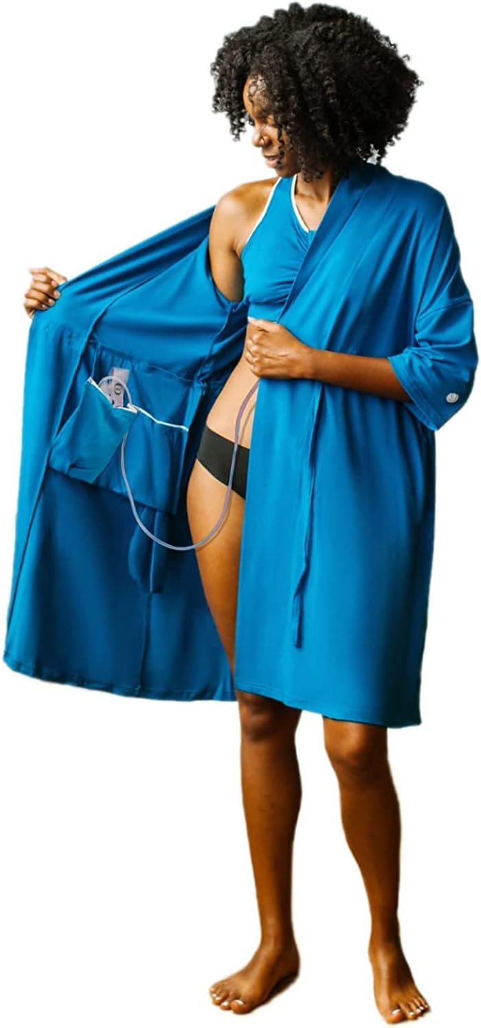 Brobe Post Surgery Robe with 6 Internal Pockets for Mastectomy, Mommy Makeover, Tummy Tuck, Open Heart Surgery(3XL, Blue)