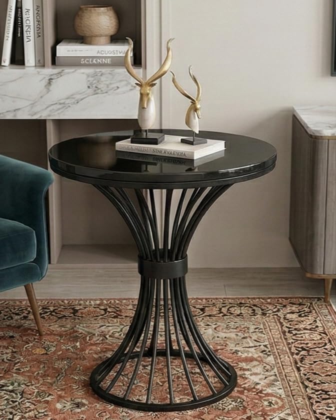 Image of Furniture Cafe Modern Coffee Table for Living Room Center Table Home Decor Round Side Table Space Saving Furniture, Table Top Sturdy Metal Frame Wood Desk Centerpiece Bedroom (Black /Black)