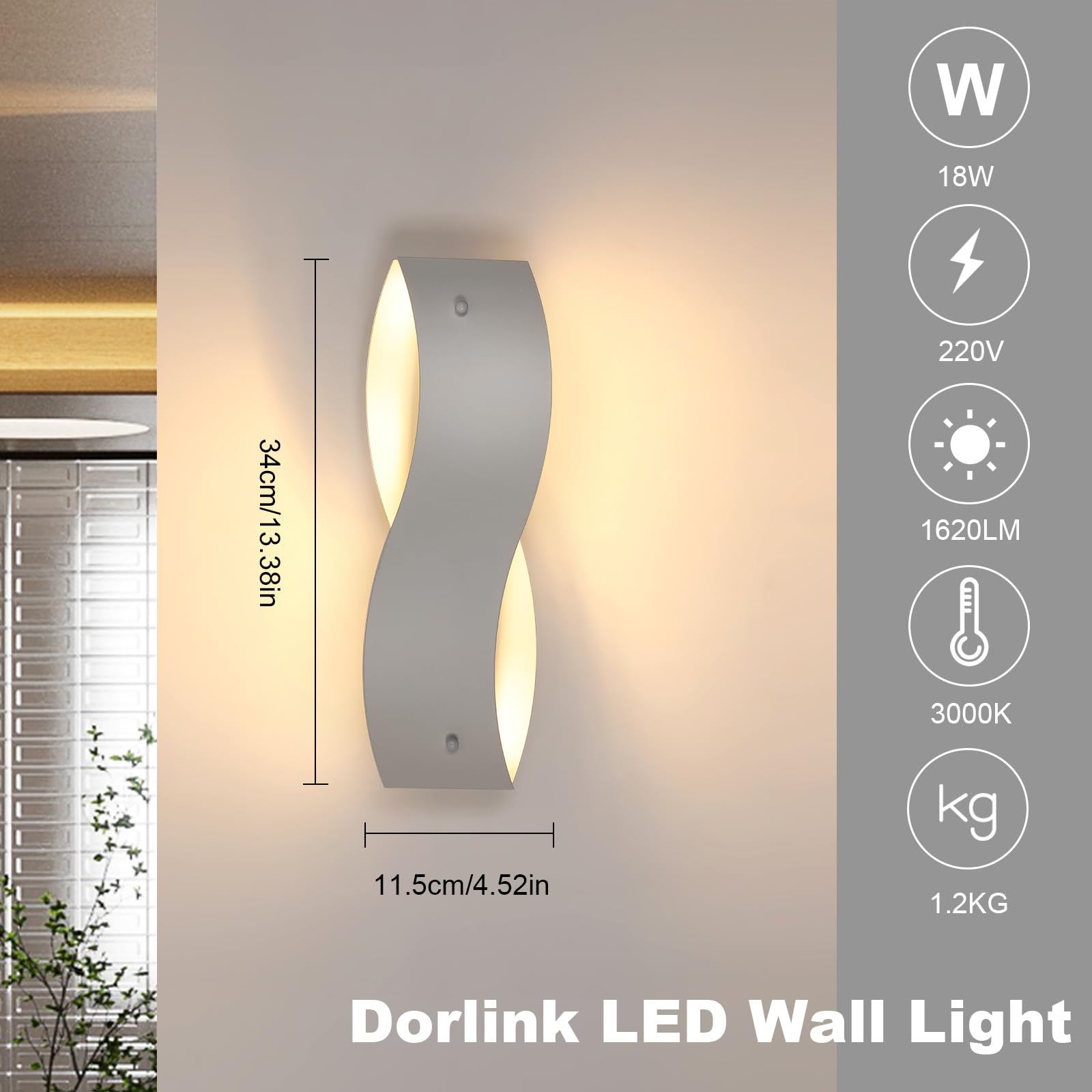 Dorlink Applique da Parete LED Interno, Applique da Parete Onda Bianco Moderno, 18W 1620LM Plafoniera LED Parete Camera da Letto, 3000K Lampada da Parete Soggiorno, Applique LED per Corridoio