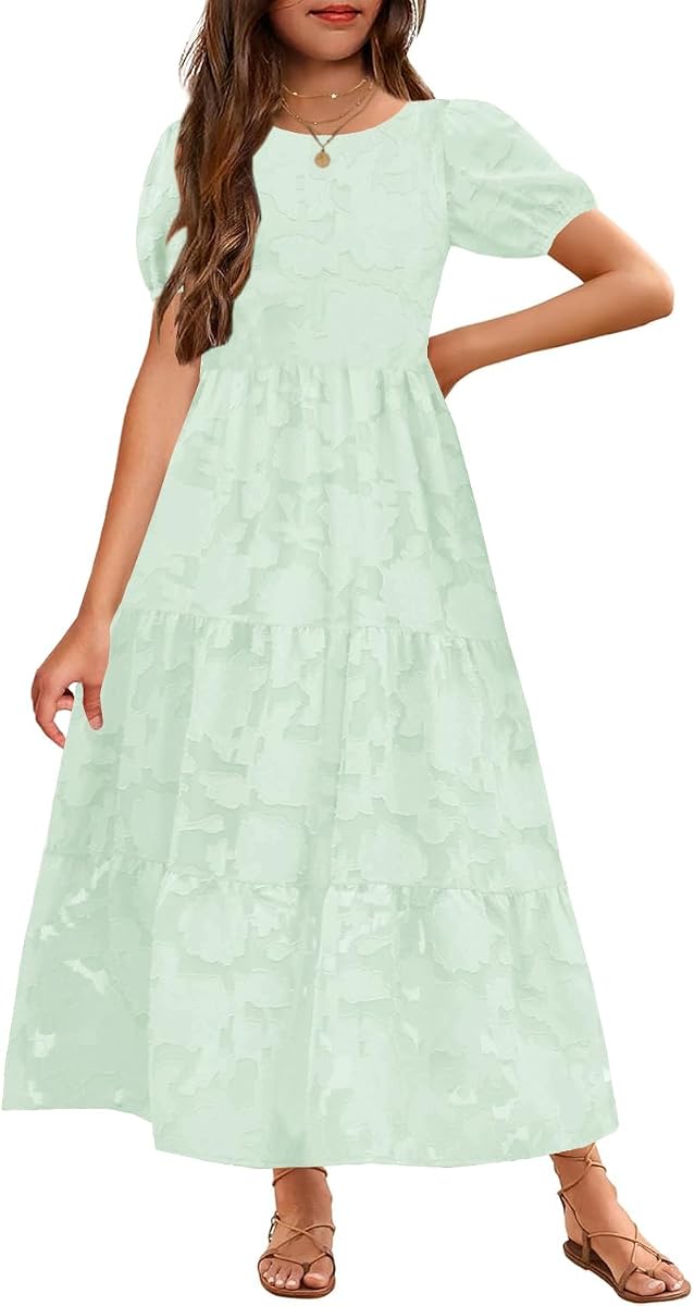 MITILLY Vestido de niña de flores de verano maxi formal para boda 6-12 años | Cuello redondo, mangas abullonadas, cintura alta, corte A, volantes fluidos, maxi con bolsillos, bohemio, para fiesta de boda, graduación