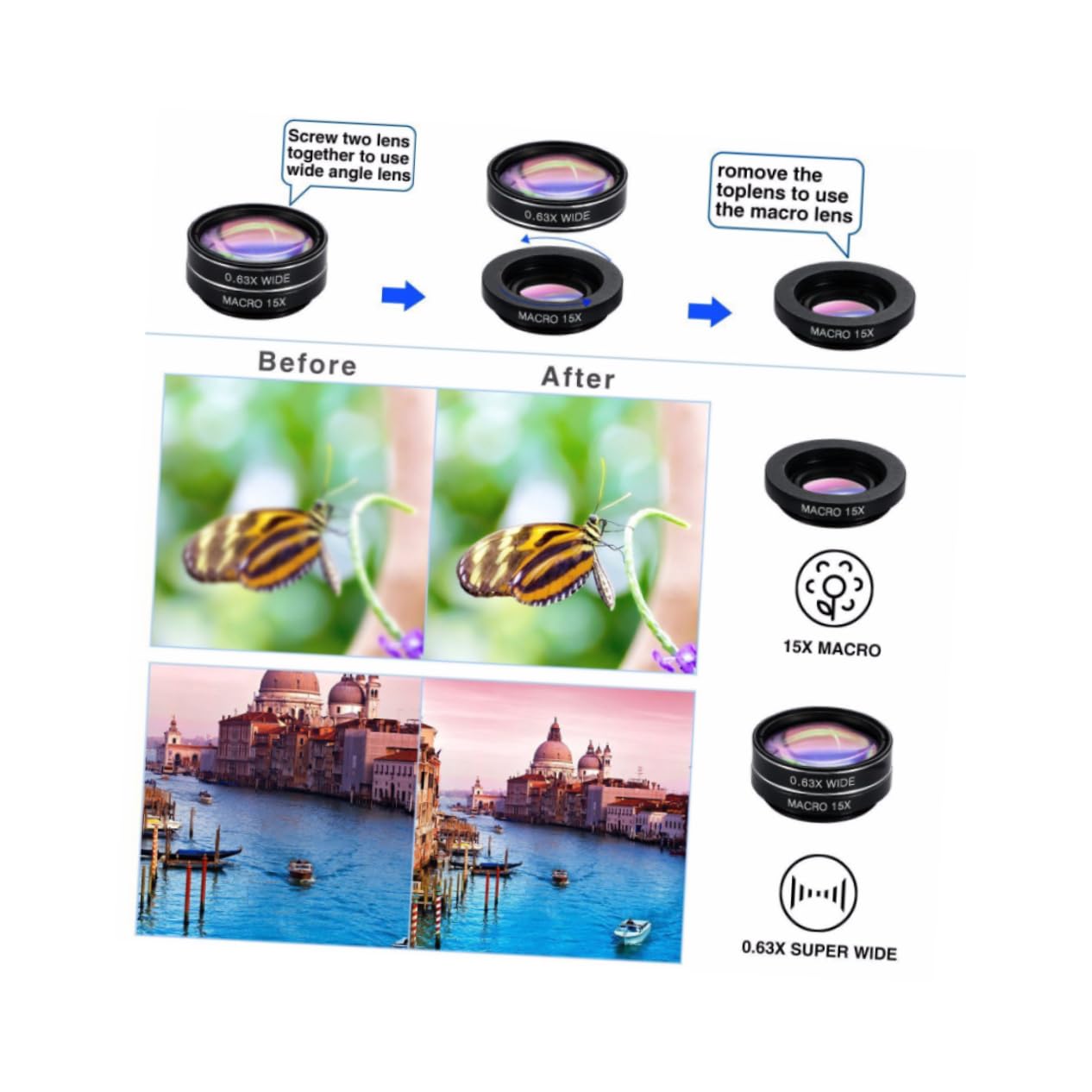 ABOOFAN 3piezas Kit De Lentes para Teléfono Móvil Lentes Ojo De Gran Angular Macro y Teleconvertidor Compatible La Mayoría De Smartphones Fácil Instalación y Alta Definición