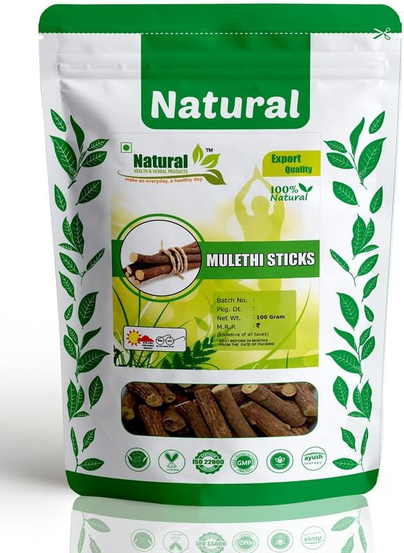 Natural Health & Herbal Mulethi Root Stick Whole Eating Licorice Root Stick, Jeshthamadh Stick, Yastimadu Roots Stick Glycyrrhiza Glabra | Eating (Cough, Throat) Chewing - 100 Gram